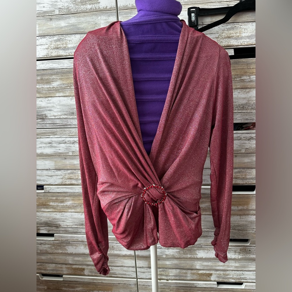 🌺 Cache Metallic Burgundy Rhinestone Buckle Draped Top Size L Made USA